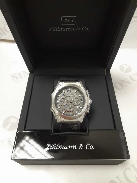 ZIHLMANN & CO GREY TRIPLE DIAL BLACK LEATHER STRAP WATCH