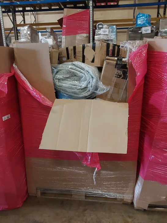 PALLET OF ASSORTED HOUSEHOLD ITEMS AND CONSUMER PRODUCTS TO INCLUDE; EXERCISE BIKE, PARTY TENT, BOXED FURNITURE ETC 