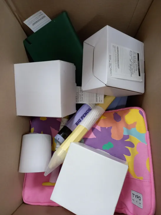 BOX OF APPROXIMATELY 15 ASSORTED ITEMS TO INCLUDE BIG LINES PENCIL, NOTEBOOK, PEN PACK ETC