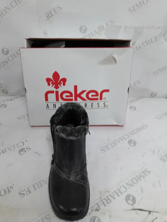 BOXED RIEKER ANKLE BOOTS WITH FUR CUFF, BLACK - SIZE 6