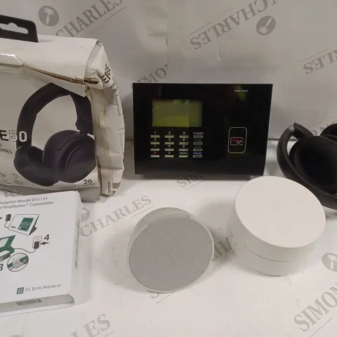 APPROXIMATELY 10 ASSORTED ELECTRICAL PRODUCTS TO INCLUDE WIRELESS HEADPHONES, KEYPAD ENTRY SYSTEM DEVICE, HOME SPEAKER ETC 