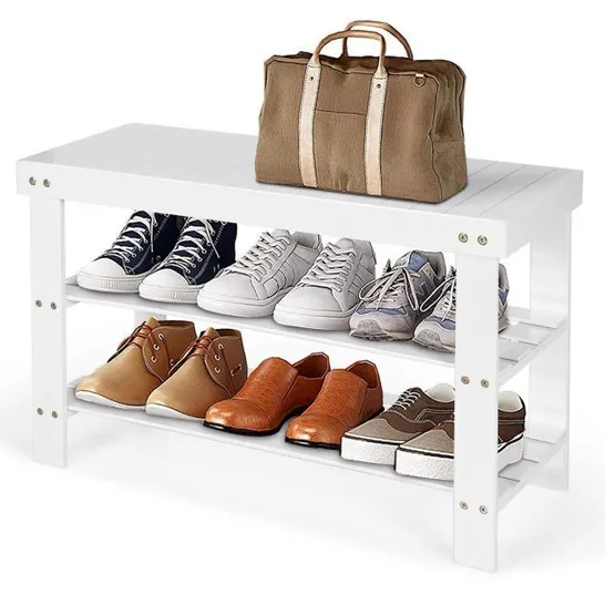 BOXED COSTWAY 3 TIER BAMBOO SHOE RACK BENCH STORAGE SHELF ORGANIZER ENTRYWAY HOME - WHITE