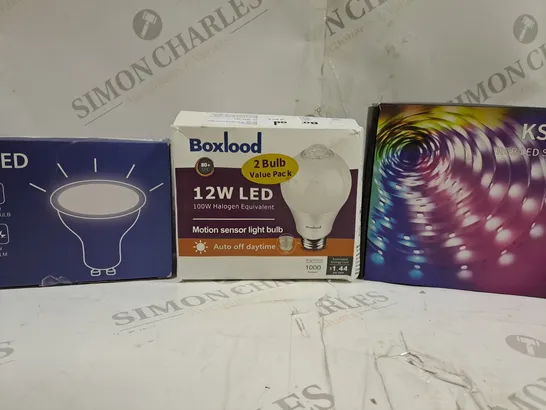 BOX OF APPROXIMATELY 5 ASSORTED HOUSEHOLD ITEMS TO INCLUDE LED STRIP LIGHT, MOTION SENSOR LIGHT BULB, ETC