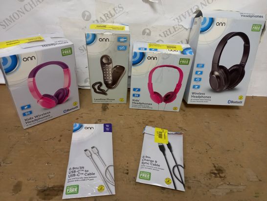 BOX OF APPROX 25 ASSORTED ONN ITEMS TO INCLUDE KIDS HEADPHONES, WIRELESS HEADPHONES, USB CABLES