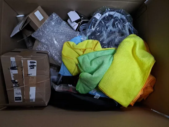 LARGE BOX OF CAR ITEMS TO INCLUDE MICRO FIBER CLOTHS - BIKE HELMETS - BIKE EXHAUST / COLLECTION ONLY  