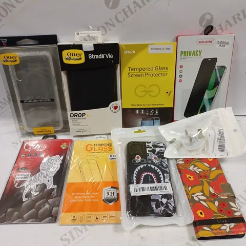 BOX TO CONTAIN APPROX. 25 X ASSORTED PHONE ACCESSORIES. INCLUDES PHONE CASES, CHARGERS & SCREEN PROTECTORS ETC. 