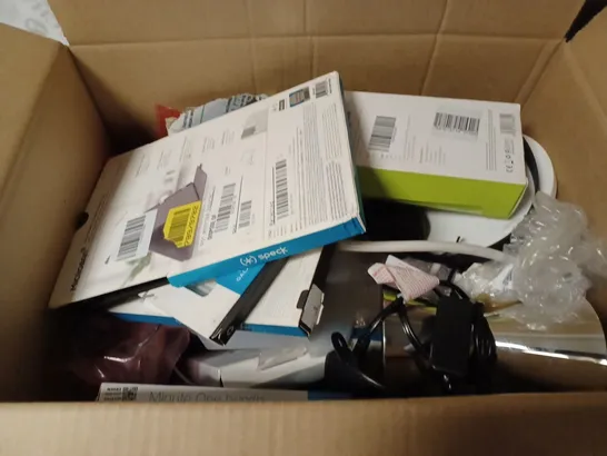 BOX OF APPROXIMATELY 30 ITEMS TO INCLUDE PHONE CASES, KETTLE BASE, HEADPHONES, WALL LIGHTS