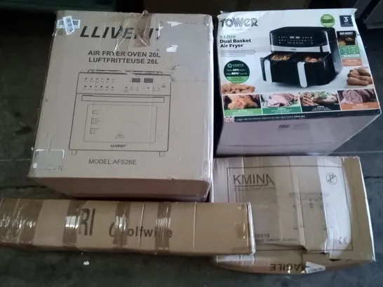 PALLET OF ASSORTED ITEMS INCLUDING LLIVEKIT AIR FRYER OVEN, TOWER AIR FRYER, WOLFWISE BEACH TENT, KMINA COMFORT STOOL, YESTER AUTO REWIND HOSE WHEEL