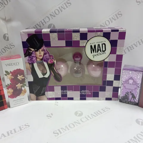 BOX OF APPROXIMATELY 10 FRAGRANCES TO INCLUDE YARDLEY LONDON, BEYONCE HEAT, KATY PERRYS MAD POTION ETC