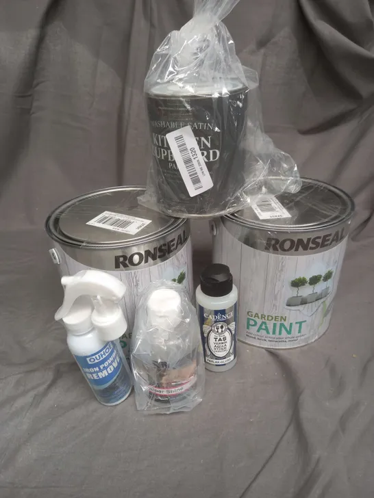 APPROXIMATELY 6 ASSORTED LIQUID ITEMS TO INCLUDE - RONSEAL GARDEN PAINT - OUHOE IRON POWDER REMOVER - RUSTOLEUM KITCHEN CUPBOARD PAINT - ETC - COLLECTION ONLY