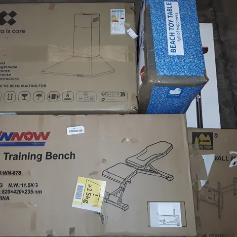 UNPROCESSED PALLET OF ASSORTED ITEMS TO INCLUDE COOKER HOOD, MULTI TRAINING BENCH, WALL MOUNTED T AND SPORTS BAR