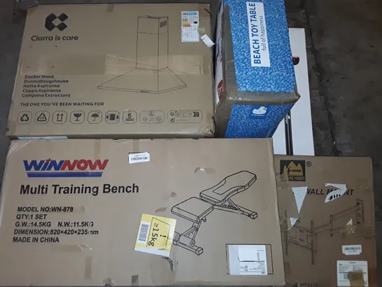 UNPROCESSED PALLET OF ASSORTED ITEMS TO INCLUDE COOKER HOOD, MULTI TRAINING BENCH, WALL MOUNTED T AND SPORTS BAR