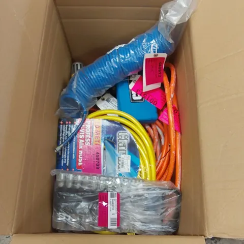 BOX OF ASSORTED TOOLS INCLUDING AIR HOSES, SOCKETS ETC 