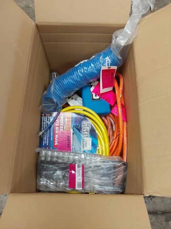 BOX OF ASSORTED TOOLS INCLUDING AIR HOSES, SOCKETS ETC 