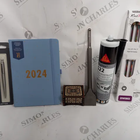BOX OF APPROXIMATELY 12 ASSORTED ITEMS TO INCLUDE - 2024 PLANNER DIARY - PARKER PEN - SIKAFLEX 522 ECT 