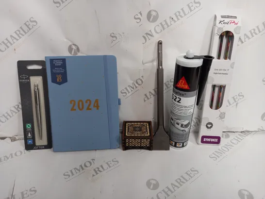 BOX OF APPROXIMATELY 12 ASSORTED ITEMS TO INCLUDE - 2024 PLANNER DIARY - PARKER PEN - SIKAFLEX 522 ECT 