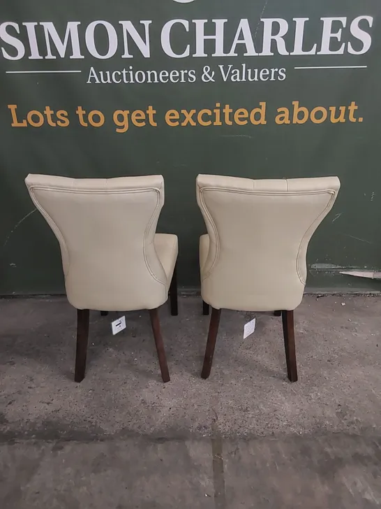 SET OF 2 BEWLEY IVORY LEATHER BUTTON BACK DINING CHAIRS WITH DARK WOOD LEGS 