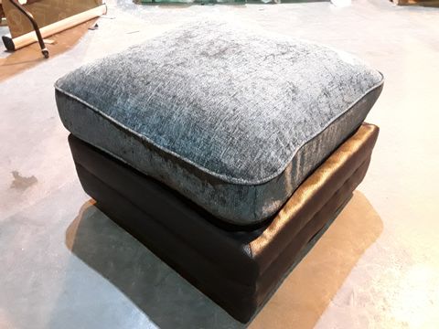 DESIGNER BLACK FAUX LEATHER & GREY FABRIC SQUARE FOOTSTOOL 