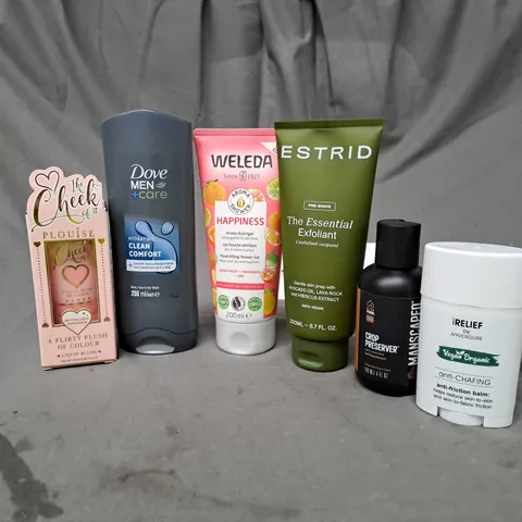 APPROXIMATELY 20 ASSORTED COSMETIC PRODUCTS TO INCLUDE DOVE MEN BODY WASH, ESTRID EXFOLIANT AND MANSCAPED CROP PRESERVER