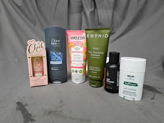 APPROXIMATELY 20 ASSORTED COSMETIC PRODUCTS TO INCLUDE DOVE MEN BODY WASH, ESTRID EXFOLIANT AND MANSCAPED CROP PRESERVER