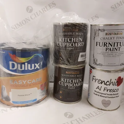 BOX OF APPROX 10 ITEMS TO INCLUDE DULUX PAINT, FRENCHIC PAINT AND DULUX TESTERS IN ASSORTED COLOURS - COLLECTION ONLY