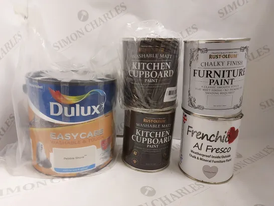 BOX OF APPROX 10 ITEMS TO INCLUDE DULUX PAINT, FRENCHIC PAINT AND DULUX TESTERS IN ASSORTED COLOURS - COLLECTION ONLY