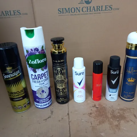 APPROXIMATELY 10 ASSORTED AEROSOLS TO INCLUDE BADEE FOR OUD AIR FRESHENER, SURE BRIGHT BOUQUER, AND LATTAFA AIR FRESHENER ETC.