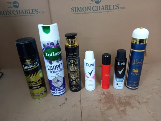 APPROXIMATELY 10 ASSORTED AEROSOLS TO INCLUDE BADEE FOR OUD AIR FRESHENER, SURE BRIGHT BOUQUER, AND LATTAFA AIR FRESHENER ETC.