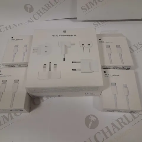 5 ASSORTED APPLE PRODUCTS TO INCLUDE; WORLD TRAVEL ADAPTER KIT, USB-C CHARGING CABLE AND USB-C TO LIGHTNING 