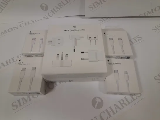 5 ASSORTED APPLE PRODUCTS TO INCLUDE; WORLD TRAVEL ADAPTER KIT, USB-C CHARGING CABLE AND USB-C TO LIGHTNING 