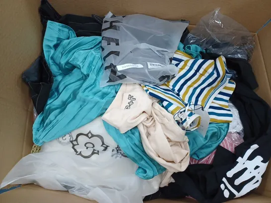  BOX OF ASSORTED CLOTHING ITEMS TOO INCLUDE DRESSES , SHIRTS AND TROUSERS IN VARIOUS SIZES AND COLOURS   