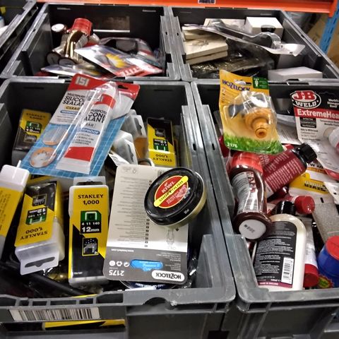 4 TOTES OF ASSORTED HOUSEHOLD ITEMS TO INCLUDE A LEATHER CREAM, A ROUND TAP CONNECTOR,  A KIWI SHOE POLISH AND A MULTIPURPOSE SILICONE SEALANT 