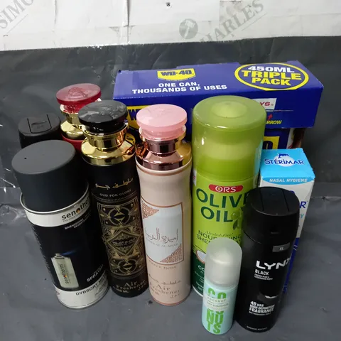 BOX OF APPROXIMATELY 10 ASSORTED AEROSOLS TO INCLUDE -  - WD-40 TRIPLE PACK - LATTAFA AIR FRESHENER - LYNX BLACK - ETC - COLLECTION ONLY