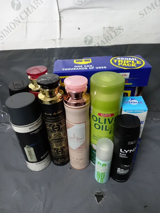 BOX OF APPROXIMATELY 10 ASSORTED AEROSOLS TO INCLUDE -  - WD-40 TRIPLE PACK - LATTAFA AIR FRESHENER - LYNX BLACK - ETC - COLLECTION ONLY