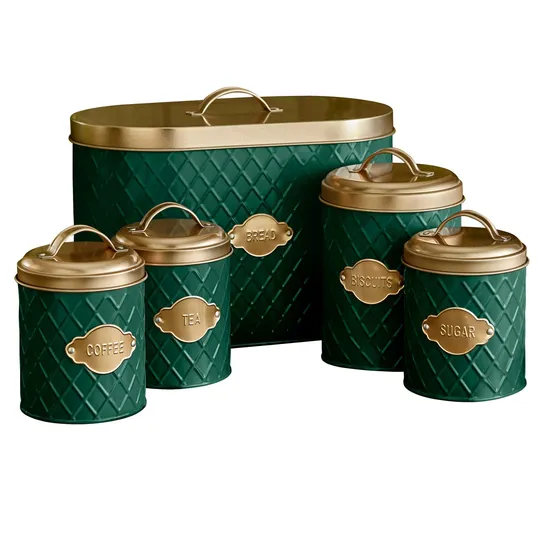 BOXED NEO GREEN EMBOSSED 5 PIECE KITCHEN CANNISTER SET (1 BOX)