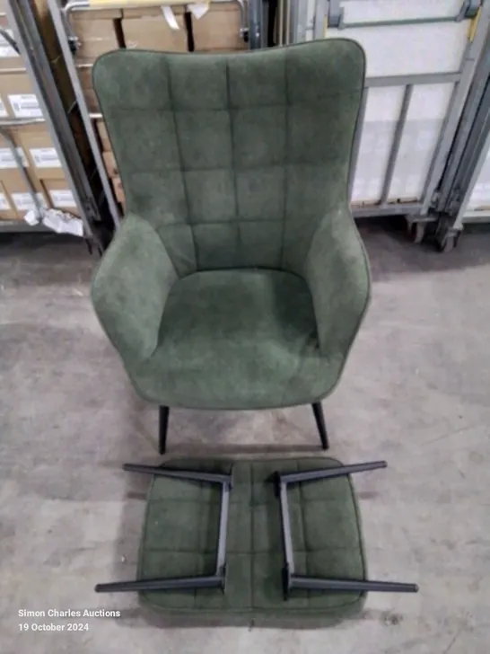 QUALITY DESIGNER GREEN FABRIC UPHOLSTERED ACCENT CHAIR AND FOOTSTOOL