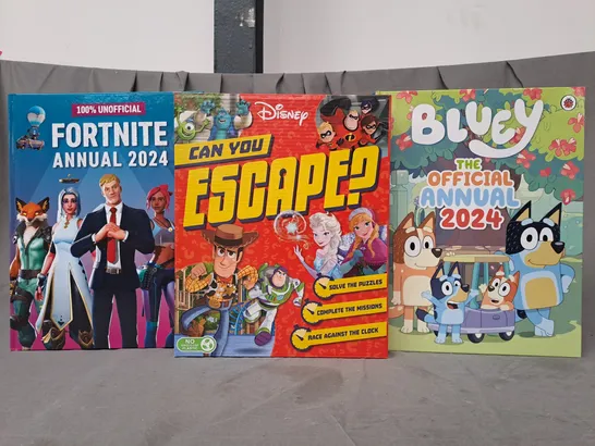 BOX OF APPROXIMATELY 10 ASSORTED BOOKS TO INCLUDE FORTNITE 2024 ANNUAL, DISNEY CAN YOU ESCAPE, BLUEY OFFICIAL 2024 ANNUAL, ETC