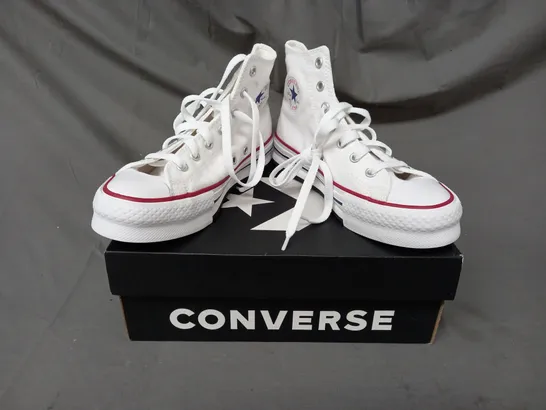 BOXED PAIR OF CONVERSE HI-TOP SHOES IN WHITE UK SIZE 3