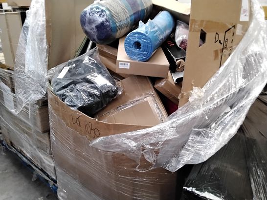 PALLET OF ASSORTED ITEMS INCLUDING, YOGA MATS, YOGA BOLSTER CUSHIONS, FABRIC CUTTING DIES, DIAPERBAGS,