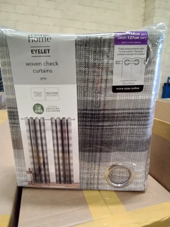 BOX OF 8 PAIRS BRAND NEW EYELET WOVEN CHECK CURTAINS GREY 168×137CM