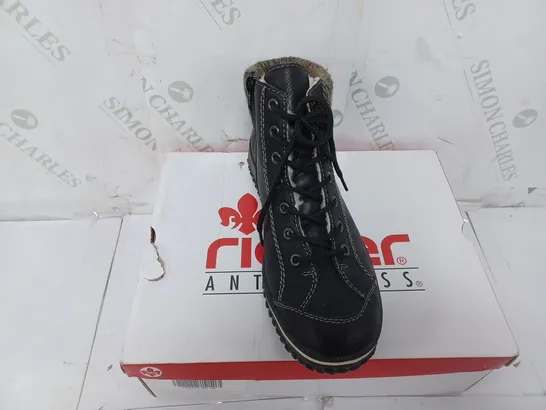 BOXED PAIR OF RIEKER LACE UP BOOTS IN BLACK SIZE 6