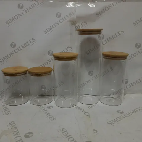 SET OF 5 GLASS CANNISTERS WUTH WOODEN LIDS