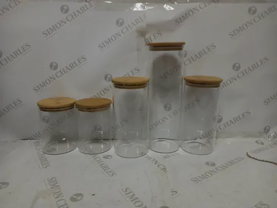 SET OF 5 GLASS CANNISTERS WUTH WOODEN LIDS