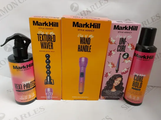 BOX OF APPROX 5 MARK HILL ITEMS TO INCLUDE WAND HANDLE WITH 2 ATTACHMENTS, HEAT PROTECTION SPRAY AND CURL HOLD