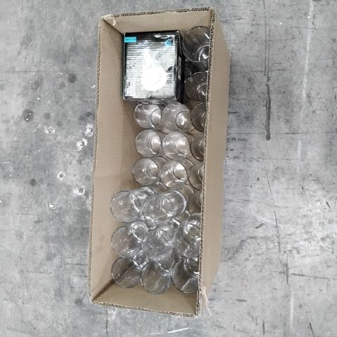 BOX OF APPROXIMATELY 25 GLASSES & BOXED FIXED 24V GU10 DOWNLIGHT
