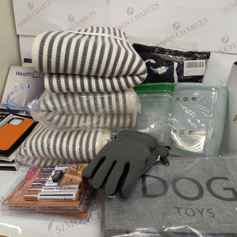 BOX OF ASSORTED ITEMS TO INCLUDE DOKEHOM STRIPE GREY STORAGE BAG, PET COLLAPSIBLE STORAGE, GENUINE LEATHER PHONE CASE, FOOD CONTAINERS, FURNITURE REPAIR MARKERS ETC