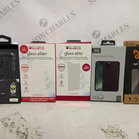 BOX OF APPROX 15 ASSORTED PHONE ITEMS TO INCLUDE - OTTER CLEAR IPHONE 11 PRO CASE - INVISIBLE SHIELD GLASS ELITE APPLE IPHONE SE - XQ SILICONE CASE IN BLACK ETC