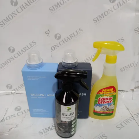 GROUP OF ASSORTED CLEANING ITEMS TOO INCLUDE ELBOW GREASE , LAUNDRY SHAMPOO AND MOUSE REPELLENT 