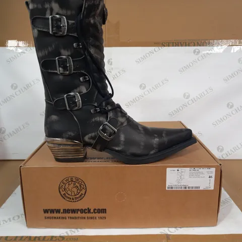 BOXED PAIR OF NEW ROCK BELOW KNEE BOOTS IN BLACK EU SIZE 46