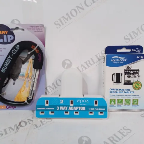 APPROXIMATELY 10 ASSORTED HOUSEHOLD ITEMS TO INCLUDE AQUALOGIS COFFEE MACHINE DESCALING TABLETS, ELPINE 3-WAY ADAPTOR, MUMMY CLIP, ETC